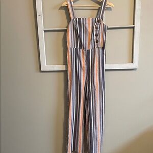 Striped Jumpsuit with Button Detail - Orange & Navy